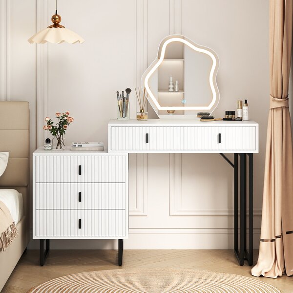 Costway Toeletta specchio luci 3 colori luminosità regolabile 5 cassetti fluted metallo, Tavolo trucco tavolino laterale moderno Bianco
