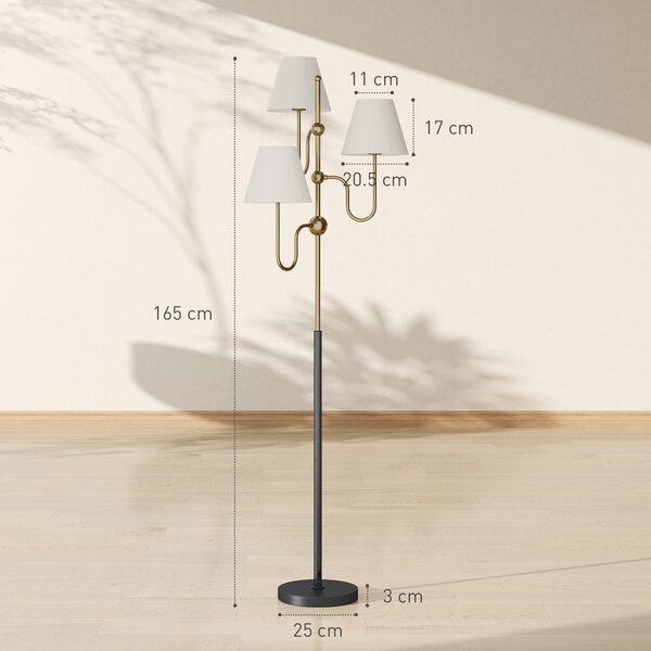 HOMCOM Lampada da Terra Alta 165 cm con 3 Punti Luce e Interruttore a Pedale, Attacco E27 Max 40W, Oro | Aosom Italy