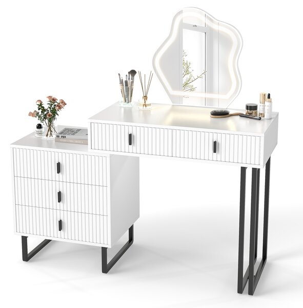 Costway Toeletta specchio luci 3 colori luminosità regolabile 5 cassetti fluted metallo, Tavolo trucco tavolino laterale moderno Bianco
