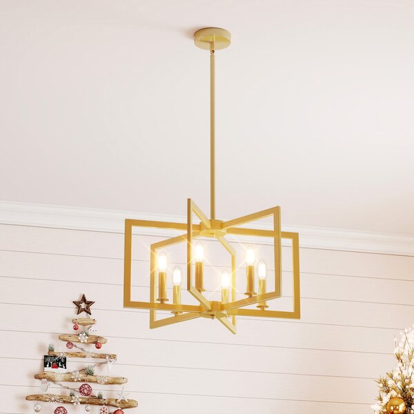 Costway Lampada a sospensione 6 luci farmhouse vari geometrica altezza regolabile, Luce appesa industriale moderno regolabile per soggiorno cucina Oro