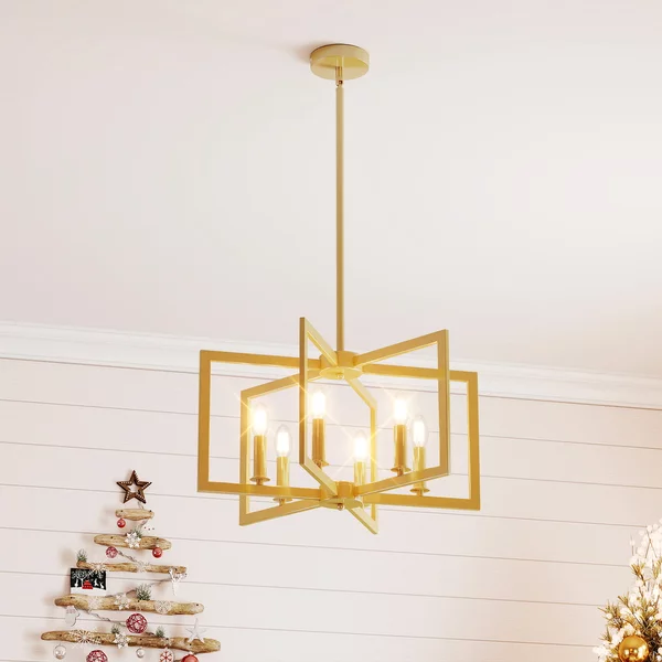 Costway Lampada a sospensione 6 luci farmhouse vari geometrica altezza regolabile, Luce appesa industriale moderno regolabile per soggiorno cucina Oro