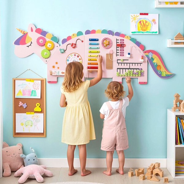 Costway Pannelli attività unicorn busy board legno montessori 11 in 1, Tavola sensoriale sviluppo precoce parete sala giochi asilo nido