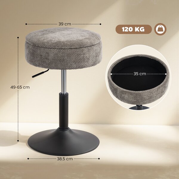 HOMCOM Sgabello da Bar con Ripostiglio Altezza Regolabile Sgabello da Cucina Rotondo Girevole Rivestimento in Ciniglia Grigio | Aosom Italy