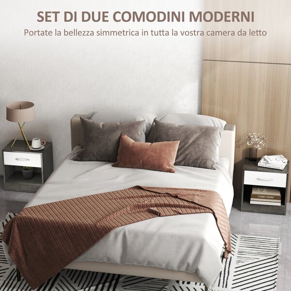 HOMCOM Set 2 Comodini Moderni con Ripiano Aperto e Cassetto, in Legno, 39x28x41 cm, Bianco e Grigio Scuro | Aosom Italy