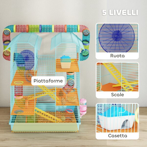PawHut Gabbia per Criceti a 5 Piani con Tubi Colorati, Ruota, Casetta e Accessori, 47x30x59 cm, Azzurro | Aosom Italy