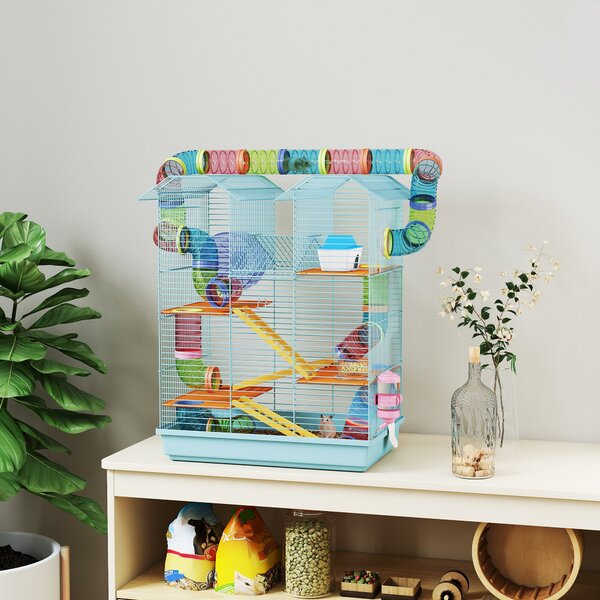 PawHut Gabbia per Criceti a 5 Piani con Tubi Colorati, Ruota, Casetta e Accessori, 47x30x59 cm, Azzurro | Aosom Italy