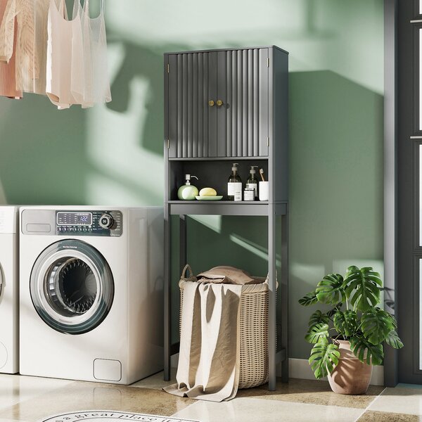 Costway Mobile portaoggetti wc ante scanalate ripiano regolabile barra inferiore, Organizer bagno alto indipendente salvaspazio Grigio