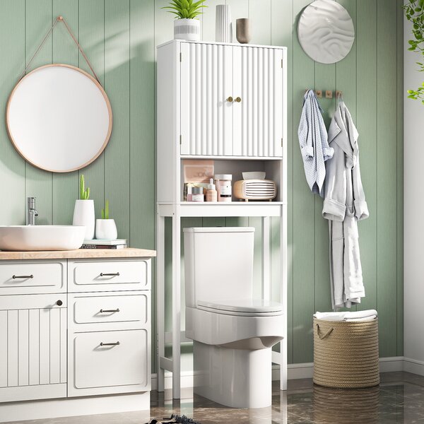 Costway Mobile portaoggetti wc ante scanalate ripiano regolabile barra inferiore, Organizer bagno alto indipendente salvaspazio Bianco