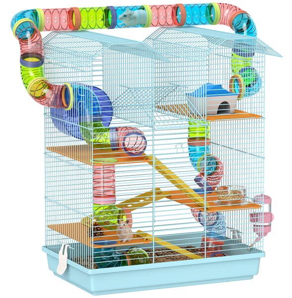 PawHut Gabbia per Criceti a 5 Piani con Tubi Colorati, Ruota, Casetta e Accessori, 47x30x59 cm, Azzurro | Aosom Italy