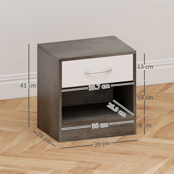 HOMCOM Set 2 Comodini Moderni con Ripiano Aperto e Cassetto, in Legno, 39x28x41 cm, Bianco e Grigio Scuro | Aosom Italy