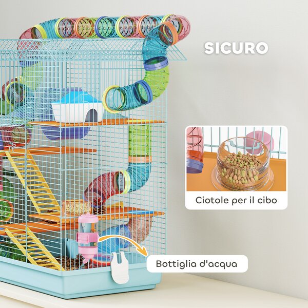 PawHut Gabbia per Criceti a 5 Piani con Tubi Colorati, Ruota, Casetta e Accessori, 47x30x59 cm, Azzurro | Aosom Italy