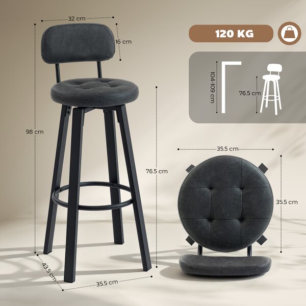 HOMCOM Set di 2 sgabelli alti da cucina girevoli rivestiti in PU con schienale struttura in metallo poggiapiedi grigio scuro | Aosom Italy