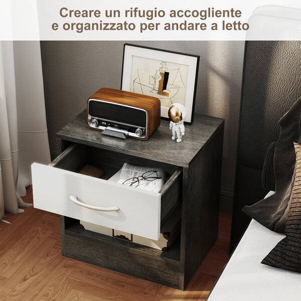 HOMCOM Set 2 Comodini Moderni con Ripiano Aperto e Cassetto, in Legno, 39x28x41 cm, Bianco e Grigio Scuro | Aosom Italy