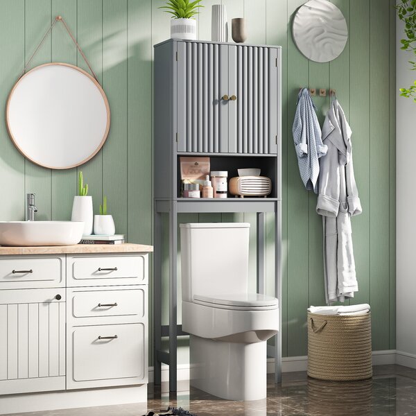 Costway Mobile portaoggetti wc ante scanalate ripiano regolabile barra inferiore, Organizer bagno alto indipendente salvaspazio Grigio