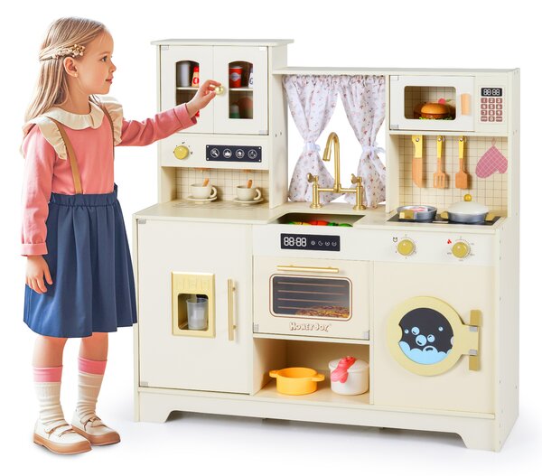 Costway Cucina giocattolo bambini legno 3+ anni fornelli rubinetto lavello caffè ghiaccio, Set gioco microonde 14 accessori