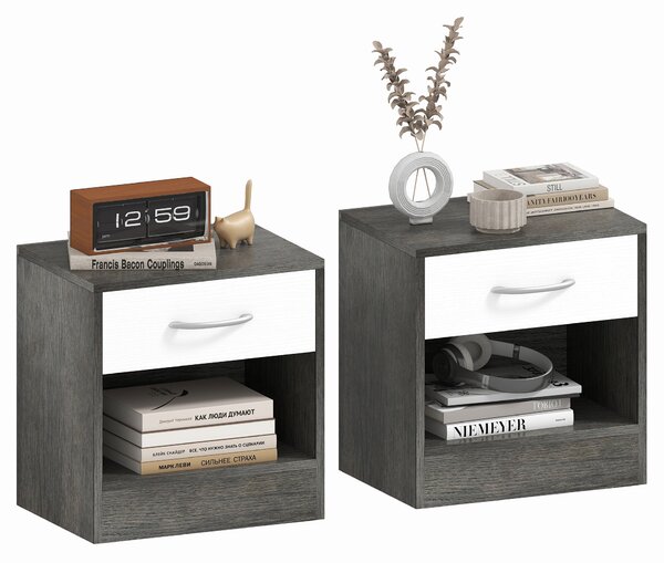 HOMCOM Set 2 Comodini Moderni con Ripiano Aperto e Cassetto, in Legno, 39x28x41 cm, Bianco e Grigio Scuro | Aosom Italy