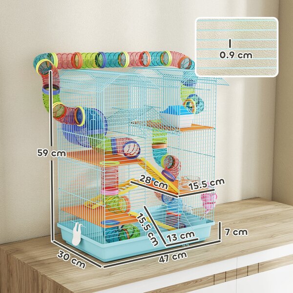 PawHut Gabbia per Criceti a 5 Piani con Tubi Colorati, Ruota, Casetta e Accessori, 47x30x59 cm, Azzurro | Aosom Italy