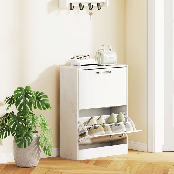 HOMCOM Portascarpe Stretto 2 Ante ad Alto Lucido Ripiani Regolabili Design Marmo per 8 Paia di Scarpe 60x24x80 cm Bianco | Aosom Italy