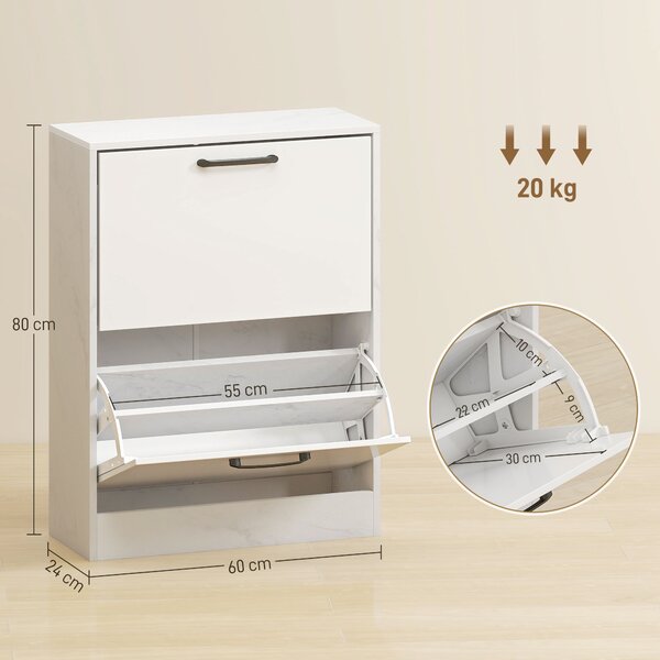 HOMCOM Portascarpe Stretto 2 Ante ad Alto Lucido Ripiani Regolabili Design Marmo per 8 Paia di Scarpe 60x24x80 cm Bianco | Aosom Italy