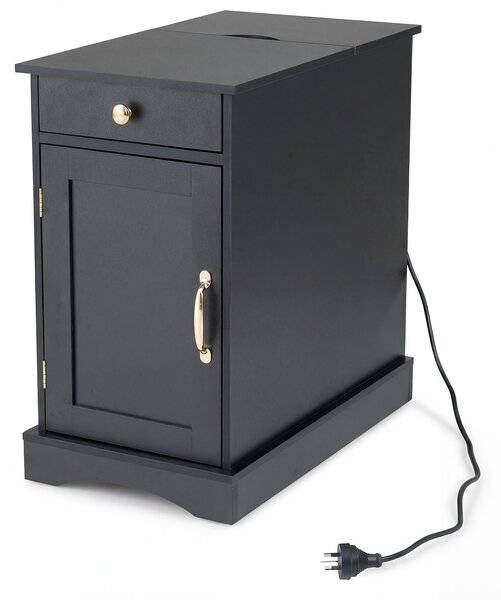Costway Tavolino divano legno stazione ricarica comodino stretto cassetto armadietto, Tavolino ripiano regolabile soggiorno camera spazi piccoli Nero
