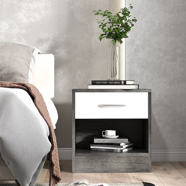Comodino con Cassetto e Ripiano Aperto 39x28x41 cm in Legno Bianco e Grigio Scuro