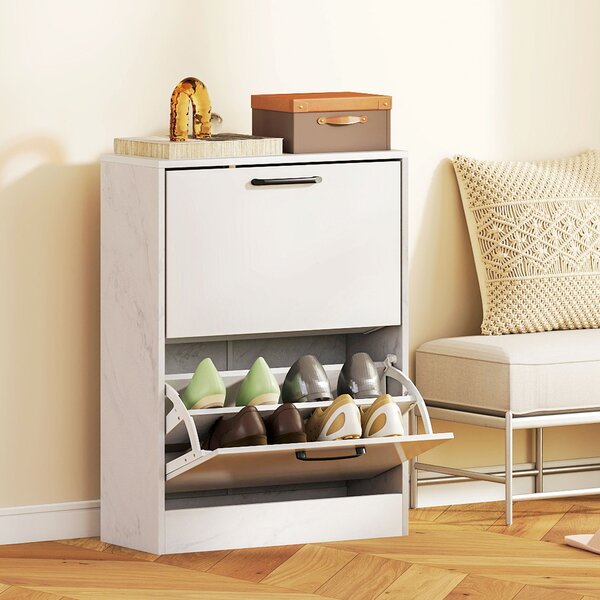 HOMCOM Portascarpe Stretto 2 Ante ad Alto Lucido Ripiani Regolabili Design Marmo per 8 Paia di Scarpe 60x24x80 cm Bianco | Aosom Italy
