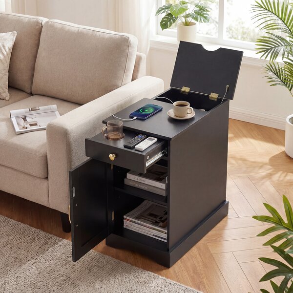 Costway Tavolino divano legno stazione ricarica comodino stretto cassetto armadietto, Tavolino ripiano regolabile soggiorno camera spazi piccoli Nero