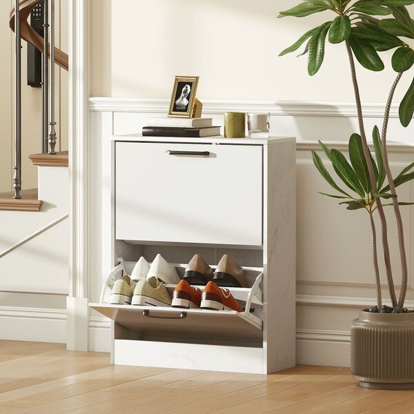 HOMCOM Portascarpe Stretto 2 Ante ad Alto Lucido Ripiani Regolabili Design Marmo per 8 Paia di Scarpe 60x24x80 cm Bianco | Aosom Italy