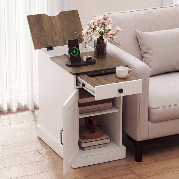 Costway Comodino camera letto stretto ricarica coperchio ribalta cassetto, Comodino tavolino piccolo vassoio rimovibile armadio Bianco