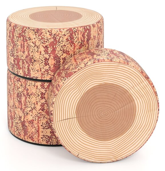 Costway Set 3 sgabelli ceppo albero cuscini pavimento stampa legno altezze diverse, Sgabelli rotondi bambini aula casa asilo decorazione naturale tinta legno scura