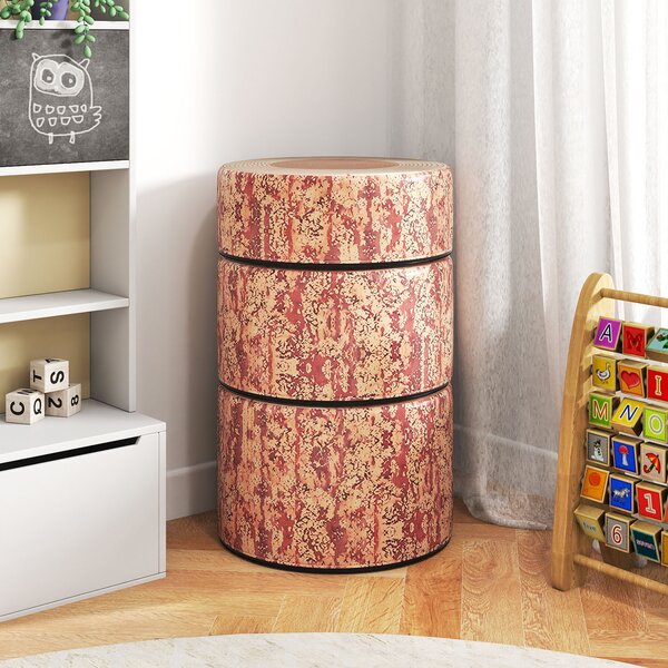Costway Set 3 sgabelli ceppo albero cuscini pavimento stampa legno altezze diverse, Sgabelli rotondi bambini aula casa asilo decorazione naturale tinta legno scura