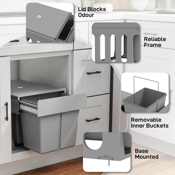 HOMCOM Cestino estraibile sotto lavello con 2 contenitori Capacità totale 30 L (15 Lx2) Fissaggio inferiore Grigio Chiaro | Aosom Italy