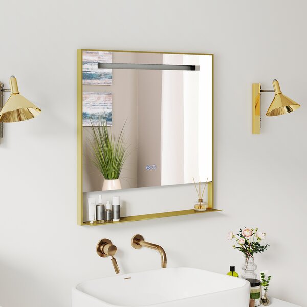 Costway Specchio bagno led 80x60/88,5x50cm cornice alluminio mensola antiappannamento, Specchio trucco parete 3 colori luce luminosità regolabile