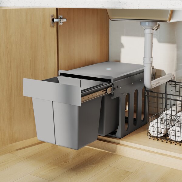 HOMCOM Cestino estraibile sotto lavello con 2 contenitori Capacità totale 30 L (15 Lx2) Fissaggio inferiore Grigio Chiaro | Aosom Italy