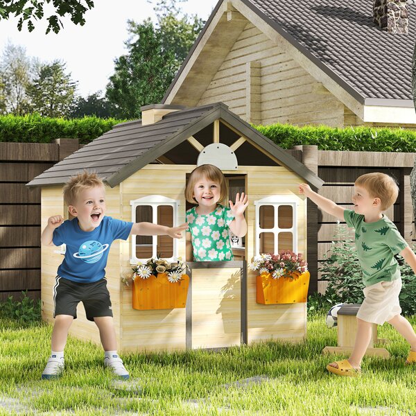 Outsunny Casetta Bimbi 3-7 Anni a 2 Finestre con Portavasi e Panchina, in Legno di Abete e PP, 113Lx94x134.5 cm|Aosom