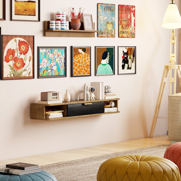 HOMCOM Set di Mobili da Soggiorno Mobile TV con Mensola da Parete Scomparti Fori per Cavi 120x24x16 cm Rovere | Aosom Italy