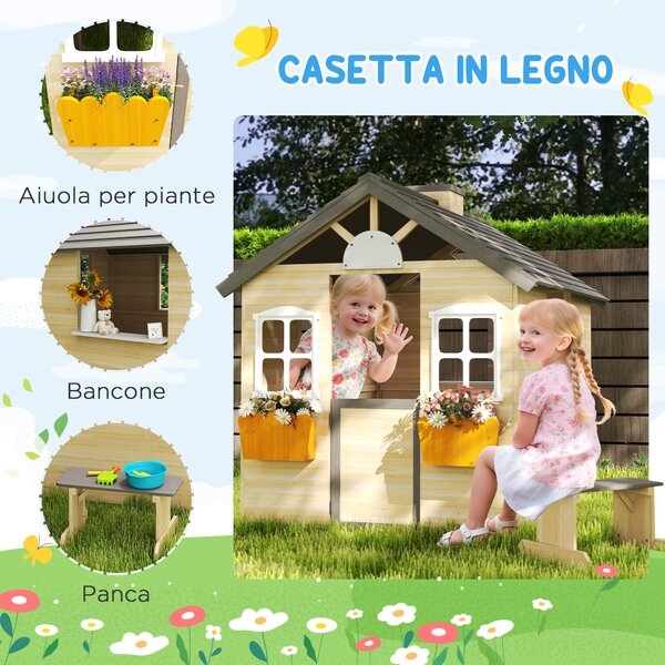 Outsunny Casetta Bimbi 3-7 Anni a 2 Finestre con Portavasi e Panchina, in Legno di Abete e PP, 113Lx94x134.5 cm|Aosom