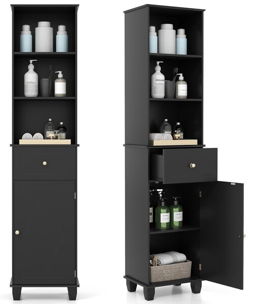 Costway Mobile bagno alto mobiletto stretto da pavimento con 3 ripiani aperti, Mobile unità di stoccaggio indipendente Nero
