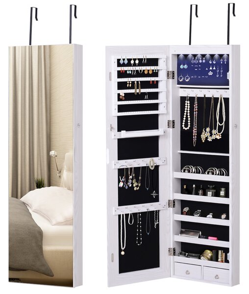 HOMCOM Specchiera Portagioielli con 6 Luci LED e Spazi Portaoggetti in Legno e Vetro, 37x120x10 cm, color Legno Bianco