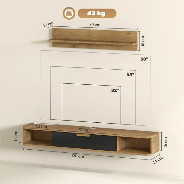 HOMCOM Set di Mobili da Soggiorno Mobile TV con Mensola da Parete Scomparti Fori per Cavi 120x24x16 cm Rovere | Aosom Italy