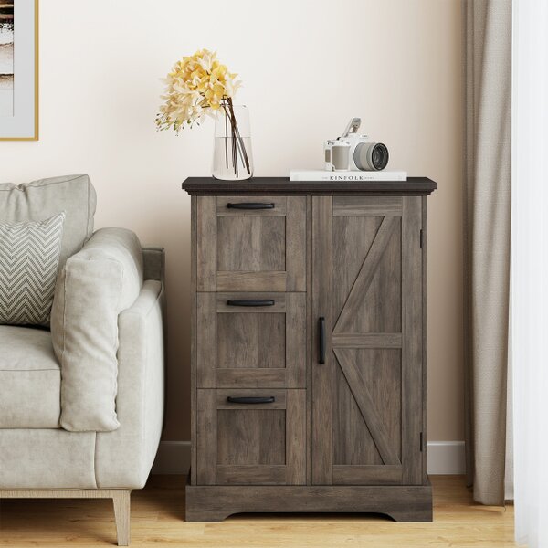Costway Mobile da pavimento mobile accentato rustico con porta da fienile, Mobile credenza indipendente per cucina Marrone