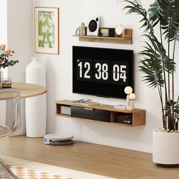 HOMCOM Set di Mobili da Soggiorno Mobile TV con Mensola da Parete Scomparti Fori per Cavi 120x24x16 cm Rovere | Aosom Italy
