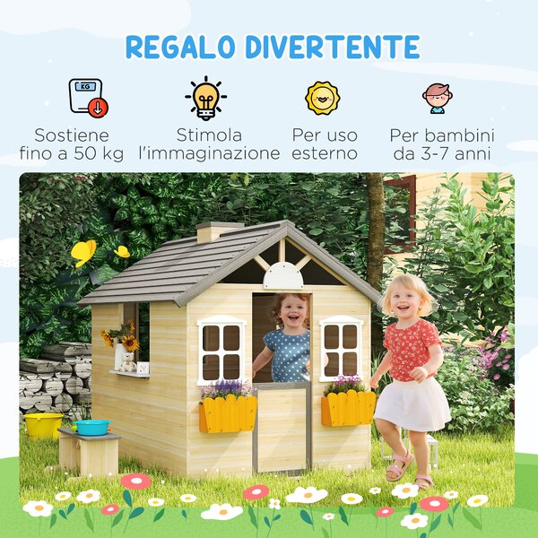 Outsunny Casetta Bimbi 3-7 Anni a 2 Finestre con Portavasi e Panchina, in Legno di Abete e PP, 113Lx94x134.5 cm|Aosom