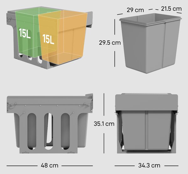 HOMCOM Cestino estraibile sotto lavello con 2 contenitori Capacità totale 30 L (15 Lx2) Fissaggio inferiore Grigio Chiaro | Aosom Italy