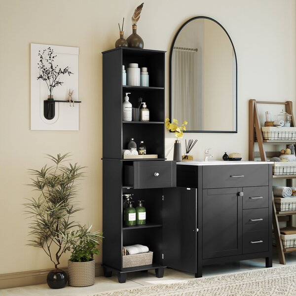 Costway Mobile bagno alto mobiletto stretto da pavimento con 3 ripiani aperti, Mobile unità di stoccaggio indipendente Nero