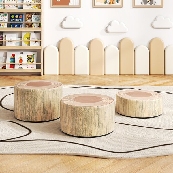 Costway Set 3 sgabelli ceppo albero cuscini pavimento stampa legno altezze diverse, Sgabelli rotondi bambini aula casa asilo decorazione naturale tinta legno chiara
