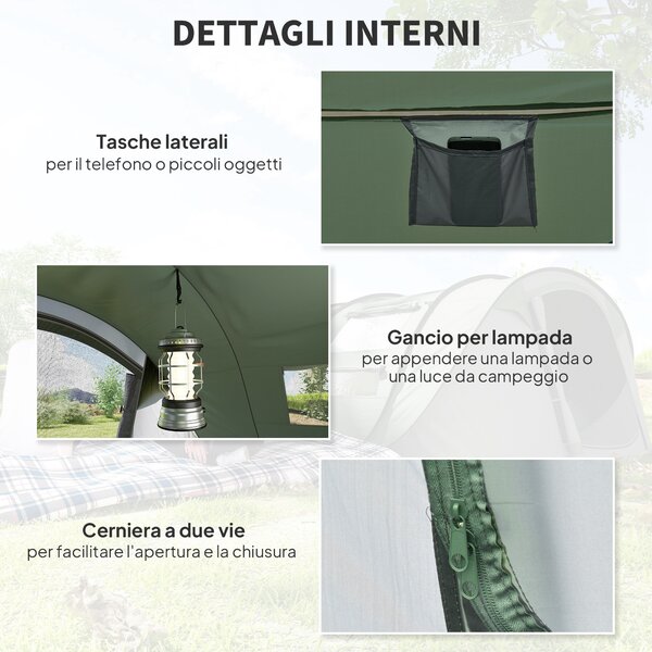 Outsunny Tenda da Campeggio Pop Up 4-5 Posti, 2 Porte e 4 Finestre Telo Impermeabile, 263.5x220x123cm Verde Scuro|Aosom
