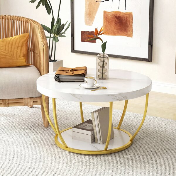 Costway Tavolino 2 ripiani metallo resistente legno finto 80cm, Tavolino rotondo soggiorno sala d'attesa decorativo Bianco