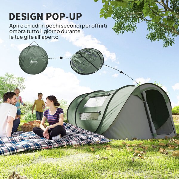 Outsunny Tenda da Campeggio Pop Up 4-5 Posti, 2 Porte e 4 Finestre Telo Impermeabile, 263.5x220x123cm Verde Scuro|Aosom