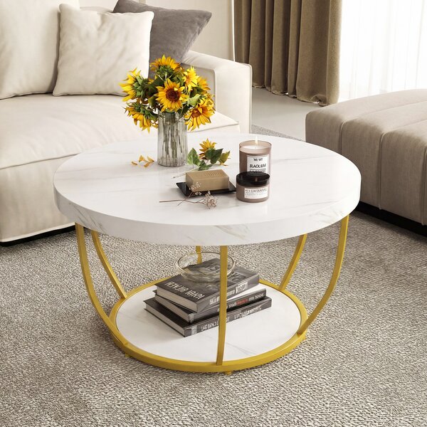 Costway Tavolino 2 ripiani metallo resistente legno finto 80cm, Tavolino rotondo soggiorno sala d'attesa decorativo Bianco